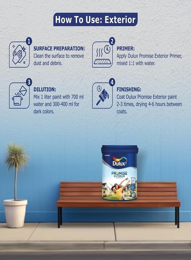 ديولكس دهان دولوكس بروميس الخارجي (1 لتر، أبيض) مثالي لطلاء الجدران الخارجية، بلمسة نهائية ناعمة، مقاوم للتقشر والتشقق، مناسب للمناخات الجافة إلى المعتدلة، ضمان لمدة 3 سنوات - Image 2